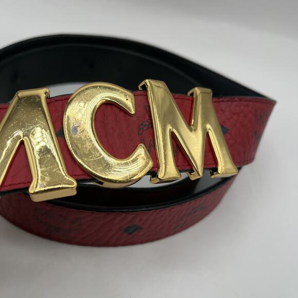 MCM Claus Red Visetos 24k Rolled Gold Buckle Belt Logo On Leather AS IS DAMAGED - Picture 3 of 16